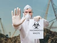 Technician in coverall warns in landfill about hazardous waste.