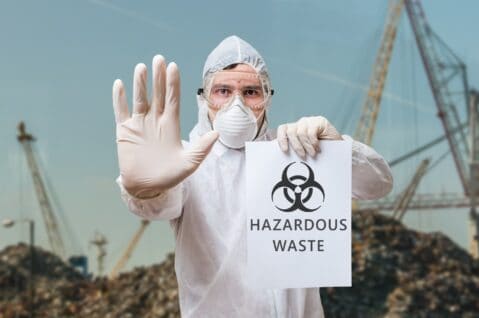 Technician in coverall warns in landfill about hazardous waste.