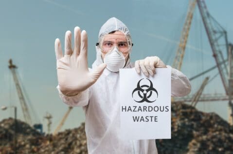 Technician In Coverall Warns In Landfill About Hazardous Waste.