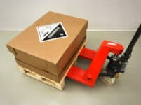 Hazardous delivery pallet and manual pallet truck.