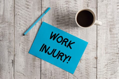 Conceptual Hand Writing Showing Work Injury. Business Photo Showcasing Accident That Occurred During And As Result Of Working Pastel Colour Paper And Pen With Coffee Cup On Wooden Table.