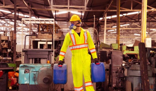 Industrial,worker,holding,plastic,bottle,with,chemicals,in,factory.worker,wearing