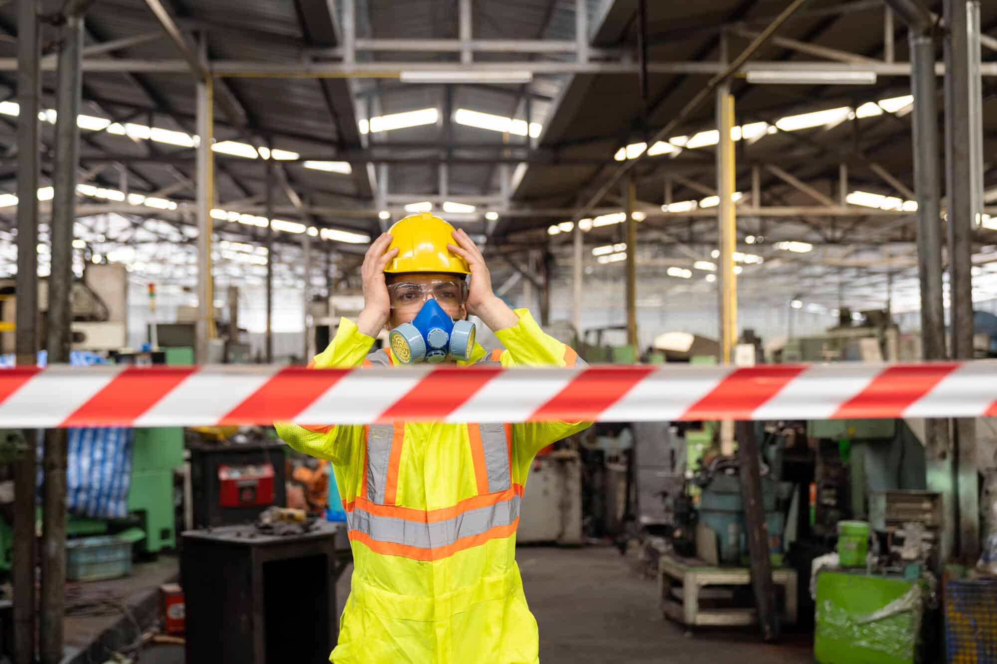Chemical,specialist,wear,safety,uniform,and,gas,mask,raising,his