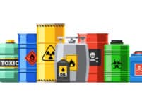 Different,container,with,hazard,chemical,liquid,in,row,line.,compressed