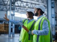 Factory,workers,discussing,tablet,information,analysing,production,process.,uniformed,professional