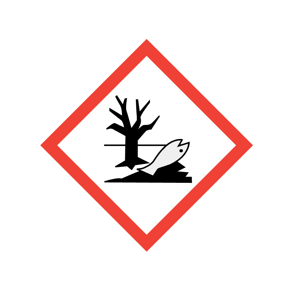 GHS pictogram for environmental hazard—white dead fish and tree on black background with red diamond border