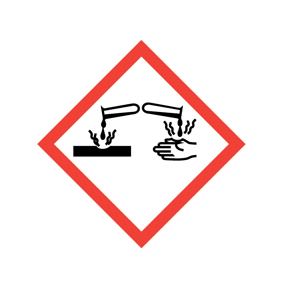 GHS corrosion symbol showing test tubes pouring liquid onto a hand and metal surface, both being damaged