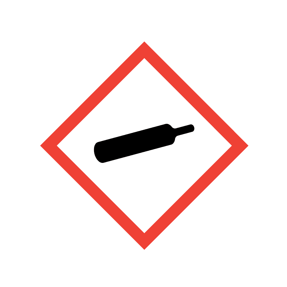 GHS pictogram for gas under pressure—white gas cylinder icon inside a red diamond on black background