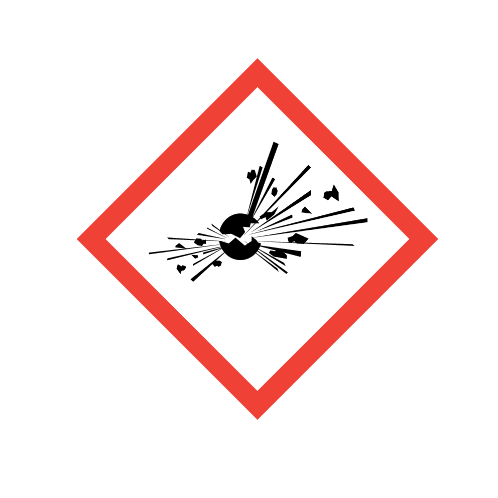 GHS pictogram for explosives—exploding bomb symbol inside a red diamond on black background
