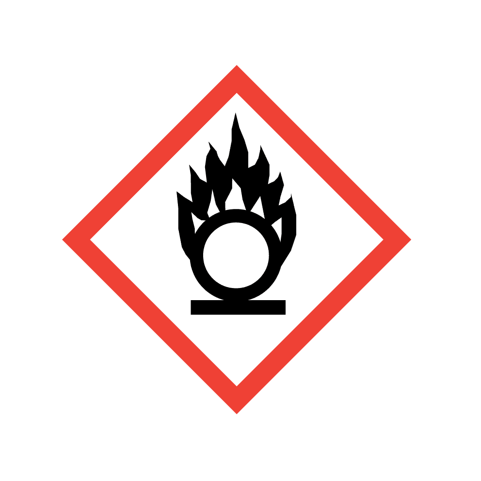 GHS pictogram for oxidizing substances—flame over a circle inside a red diamond border