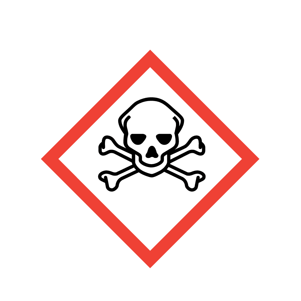 GHS skull and crossbones symbol—white skull with crossed bones on black background with red diamond border, indicating acute toxicity