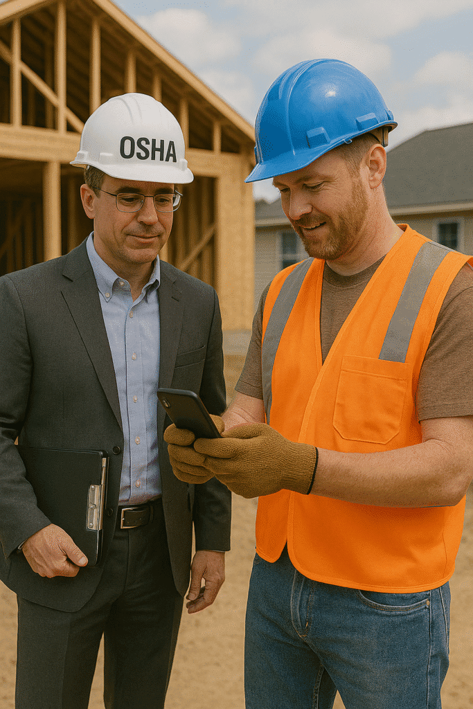 construction foreman showing an OSHA inspector proof of SDS compliance on his mobile device.
