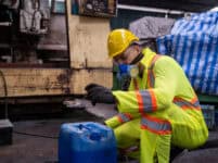 Factory,Male,Worker,Wear,Safety,Uniform,And,Safety,Gas,Mask