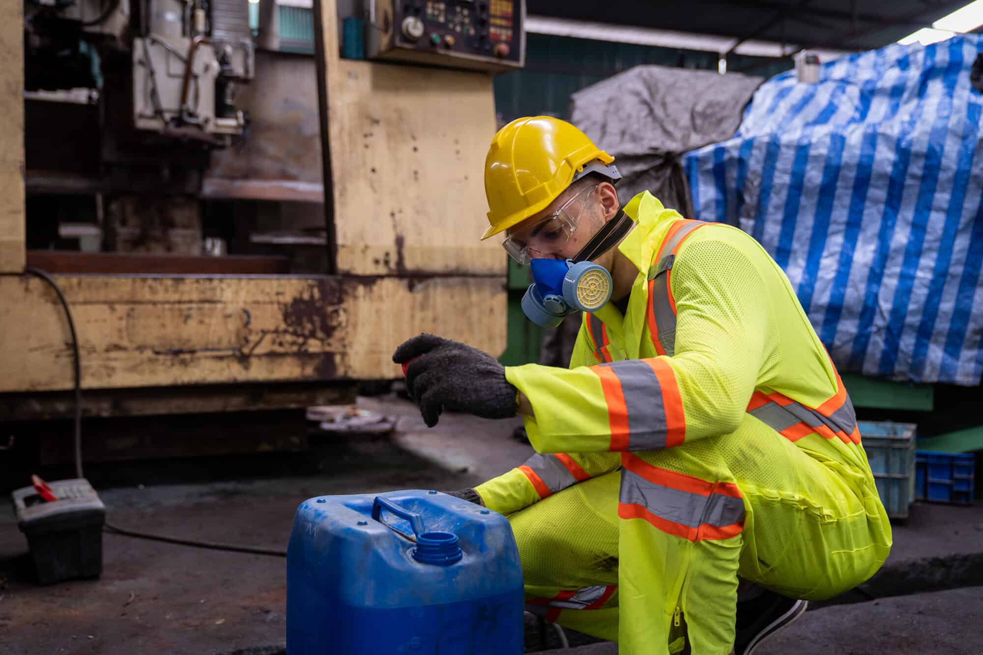 Factory,Male,Worker,Wear,Safety,Uniform,And,Safety,Gas,Mask