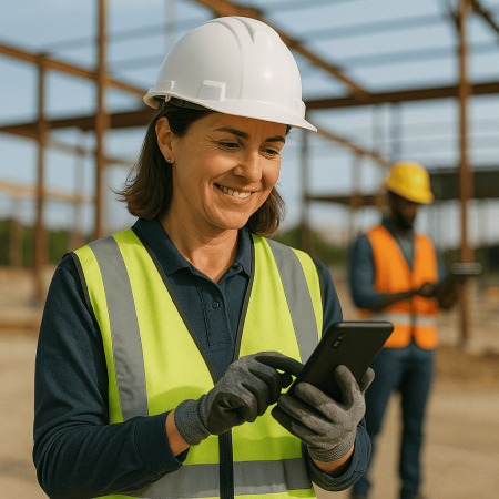 Construction worker checking SDS information on her mobile device.
